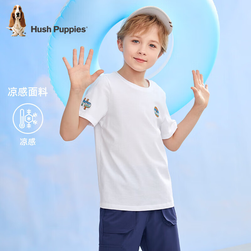 暇步士（Hush Puppies）童装儿童短袖夏季男女童清凉凉感汗布童趣可爱短袖圆领衫 本白 160 偏大一码
