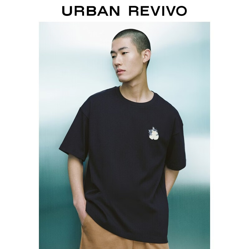 UR2026夏季新款男装休闲百搭小狗刺绣圆领棉质T恤UUY460023+# 正黑 L