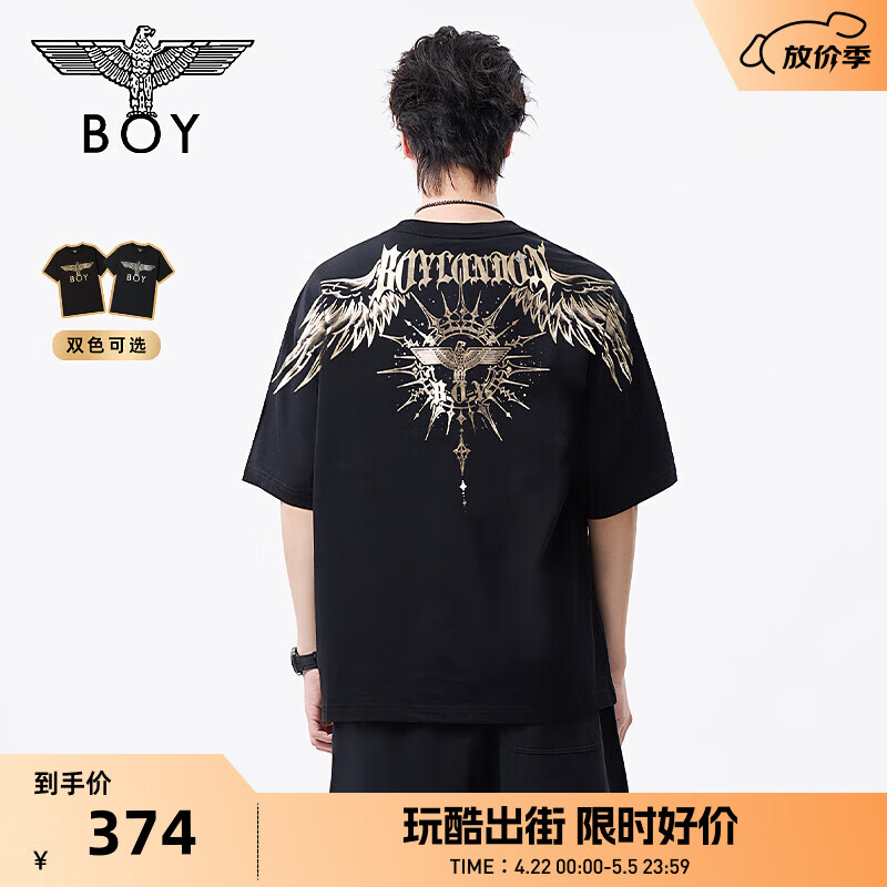 BOY LONDON【暗黑罗盘】春夏男女同款烫金潮牌短袖翅膀T恤N01906 黑印金 XS