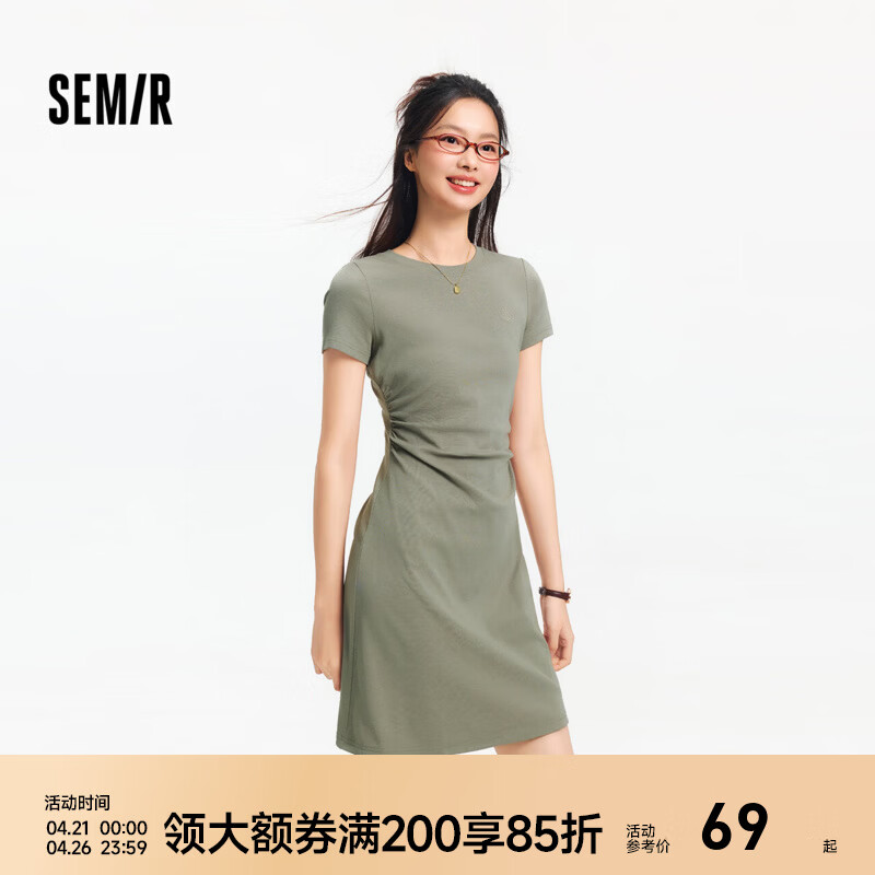 森马（Semir）连衣裙女收腰T恤裙小心机夏季2025新款绣花圆领短裙简约休闲 橄榄绿A41805 L