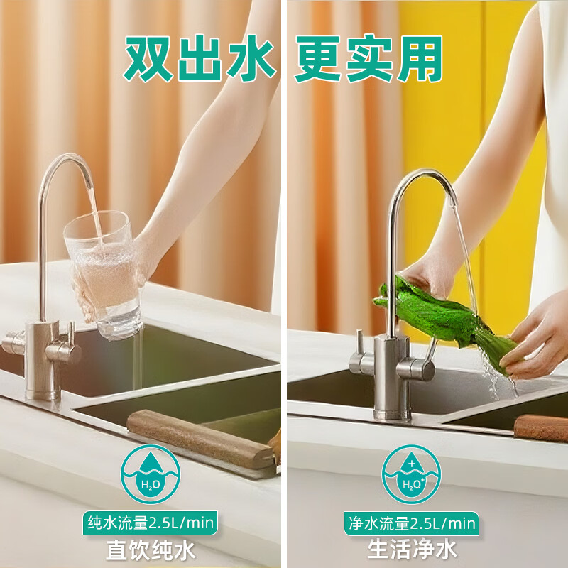 乐喝26新款净水器双出水RO反渗透直饮机家用纯水机厨房自来水过滤净水机壁挂管线机前置过滤器三件套装 G=双出水净水器+备用滤芯1套