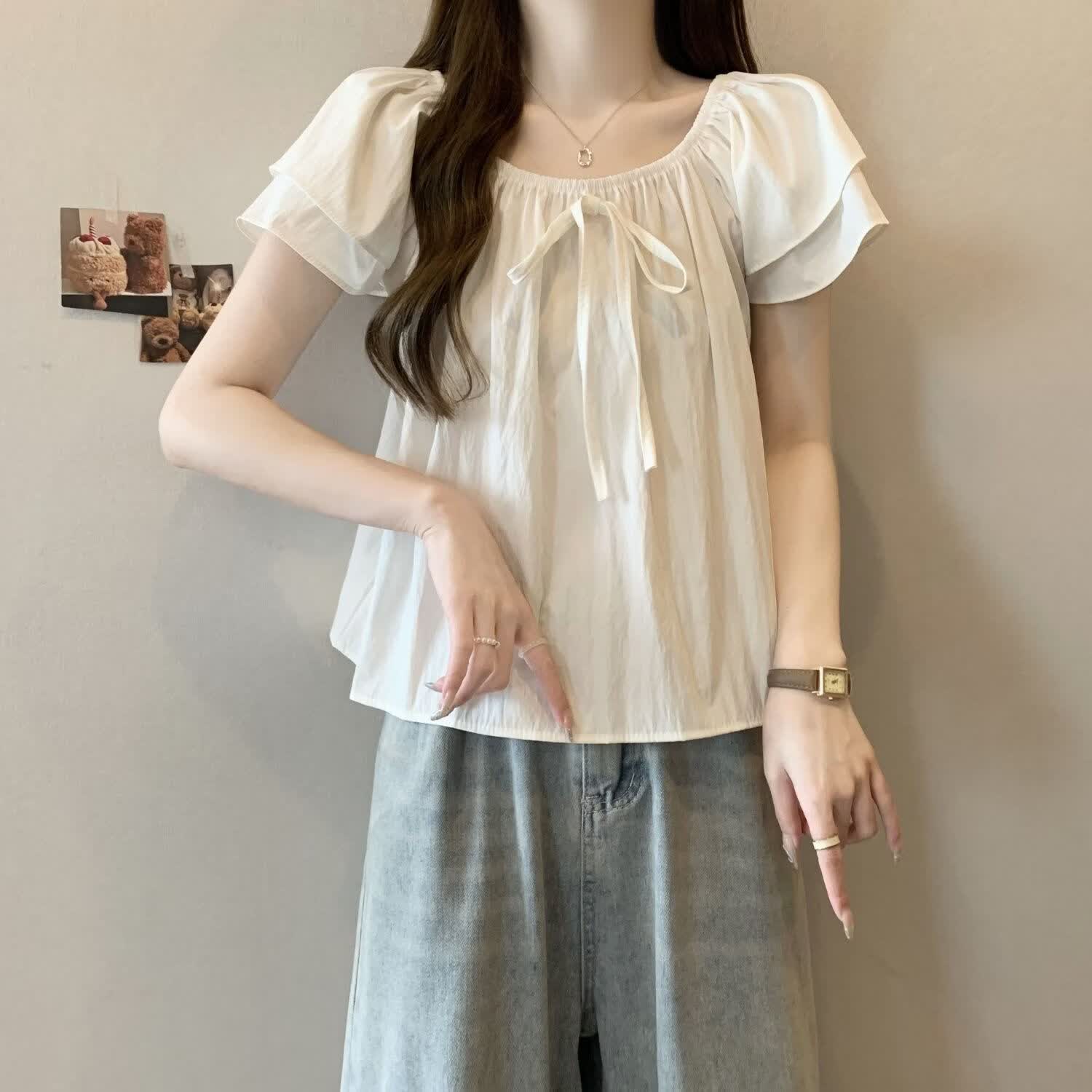 CKRYZ蝴蝶结系带宽松露肩短袖衬衫女夏季法式薄荷绿色衬衣遮肉显瘦上衣 粉色 S 建议100斤以内