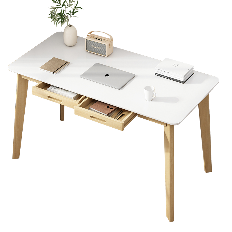 悦美妙书桌电脑桌现代简约学生写字桌实木桌腿学习桌椅套装出租房桌子 【店长推荐】暖白色带抽120CM