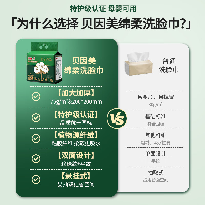 贝因美（Beingmate）一次性洗脸巾加大加厚悬挂式绵柔巾干湿两用洁面擦脸巾 110抽3提【悬挂式实惠装】