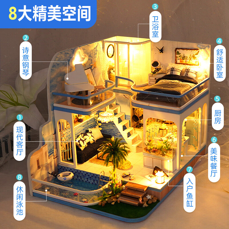 巧之匠diy小屋拼图立体3d模型微缩积木房子玩具摆件拼装手工礼物女生 【音乐款】微蓝印记+工具+音乐+防尘罩