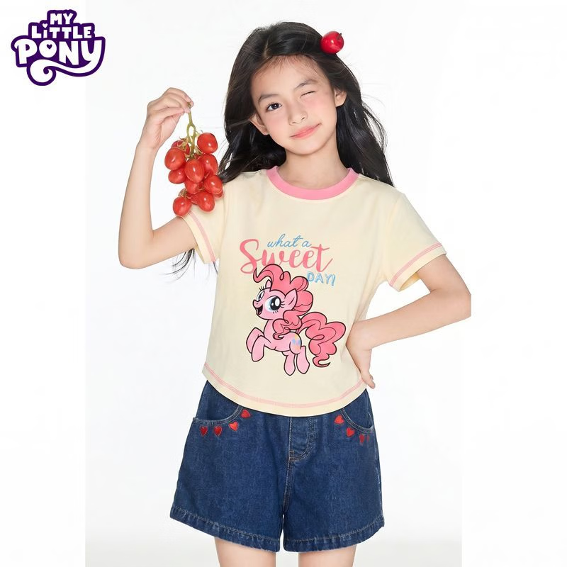 小马宝莉(MY LITTLE PONY)女童夏季2026年新款圆领卡通印花T恤索罗娜修身洋气上衣 碧琪 120