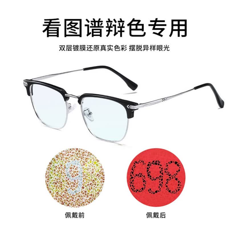红绿高清色盲色弱眼镜日常看图谱佩戴色盲色弱眼镜改 黑银框双面镀膜近似透 0度平光镜+镜盒+布+测试卡