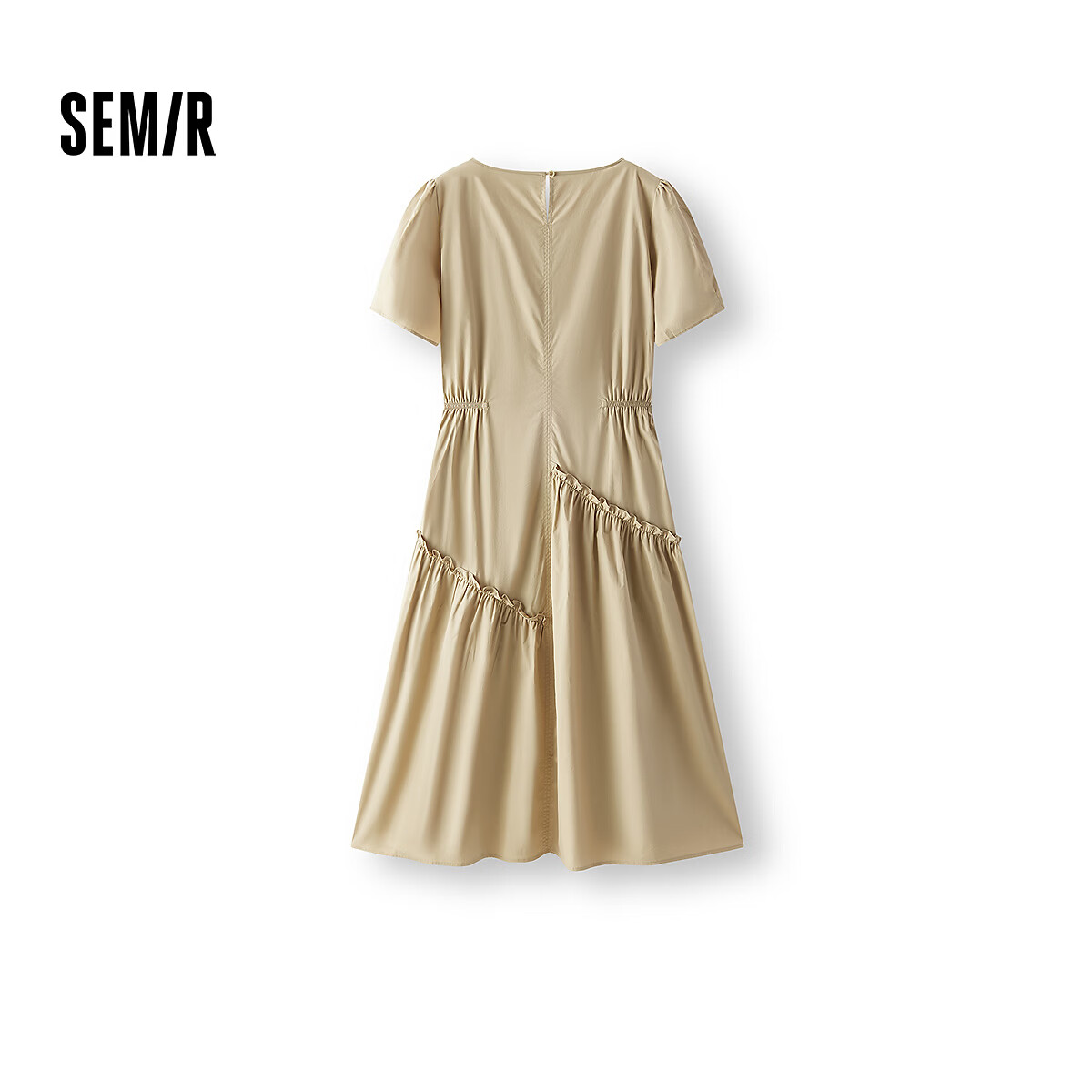 森马(Semir)连衣裙女夏不规则拼接木耳边泡泡袖收腰优雅气质设计感中长裙 卡其50674 3XL