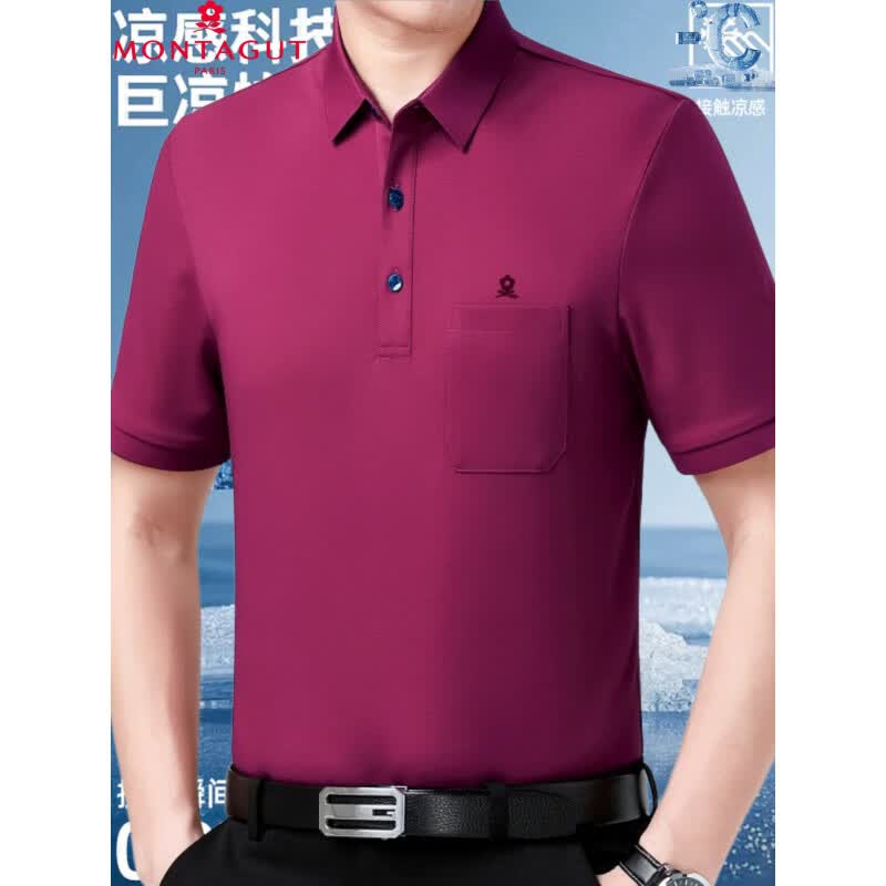 梦特娇(MONTAGUT)桑蚕丝短袖t恤男夏季新款宽松休闲大码免烫纯色翻领polo衫 紫红色无口袋 35 243 3XL 190/104A 【建议195斤-210斤】