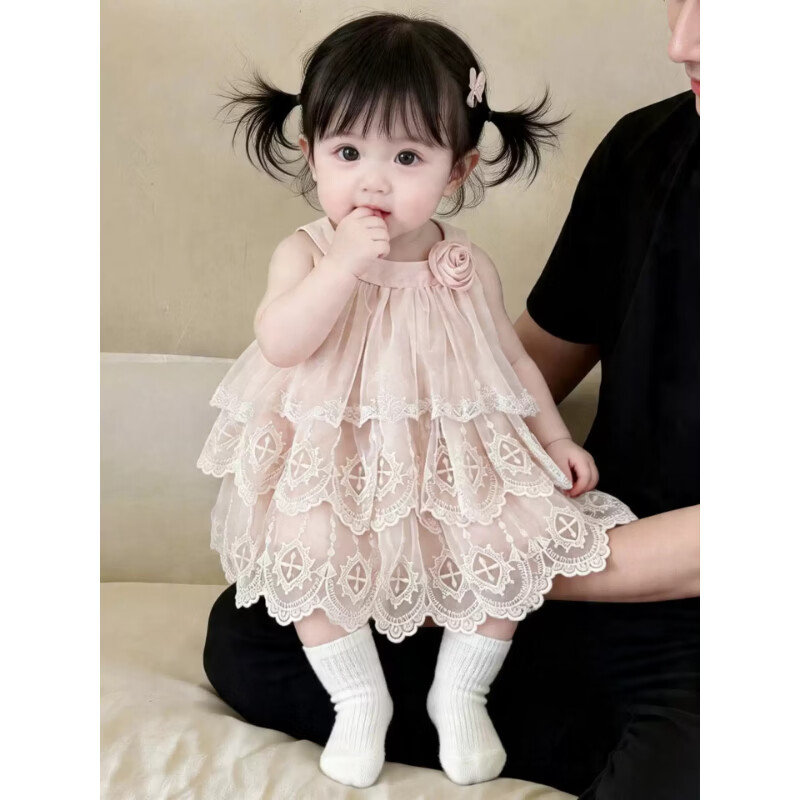 GOOFLORON一周岁礼服女宝宝公主裙粉色公主女童蕾丝连衣裙夏季吊带裙 米色单件裙(不含发饰袜) 110 cm