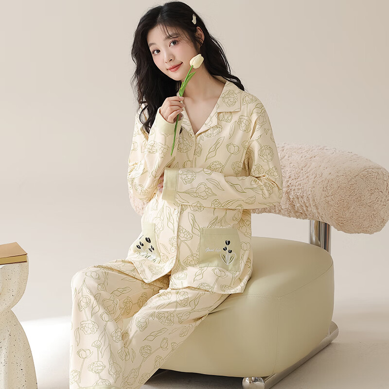 ROVO月子服产妇夏季薄款孕妇装产后睡衣套装居家服夏季薄款带胸垫 浅绿印花 XL