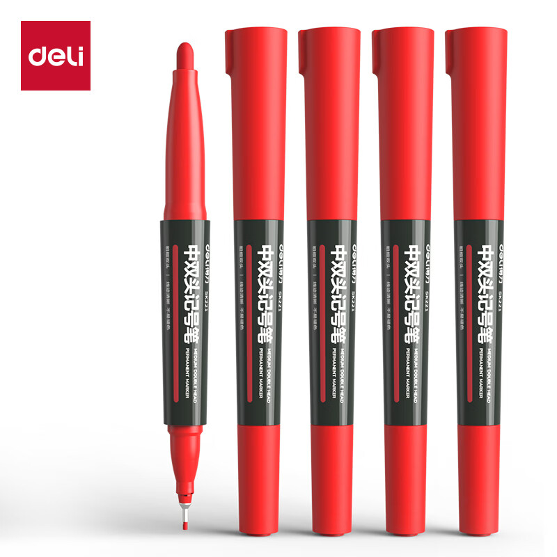 得力（deli）中双粗头快递物流记号签字笔办公文具教学会议笔马克笔1.8/0.5mm 红色 10支/盒 SK221