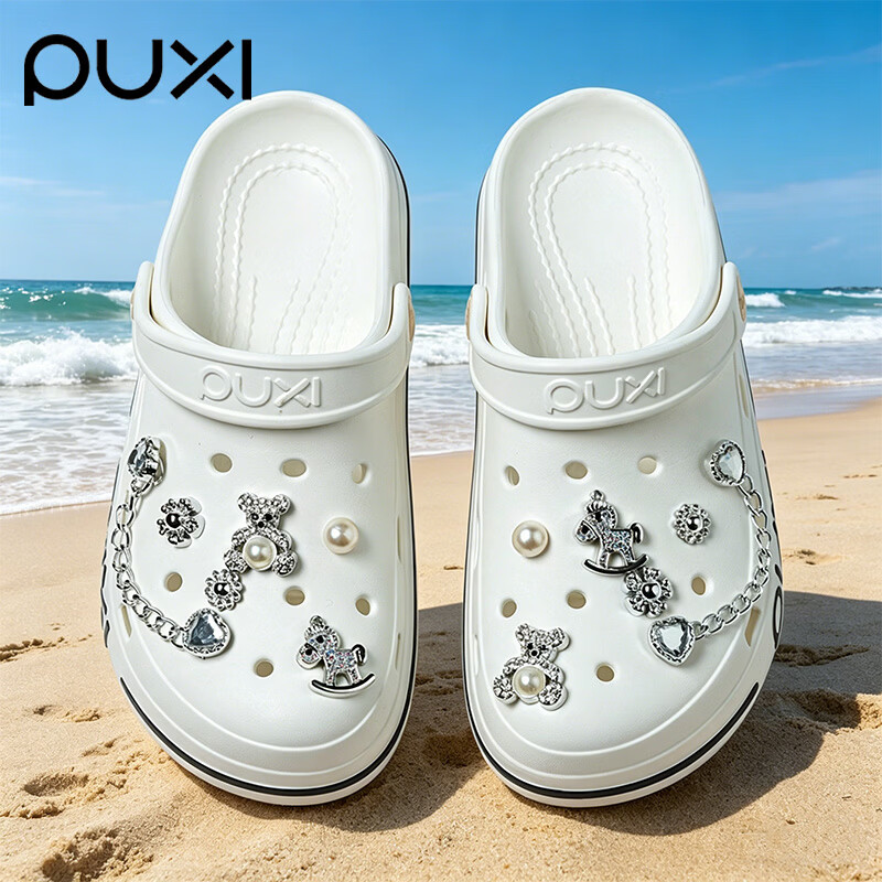 朴西洞洞鞋【带鞋花】女款夏季2026新款外穿厚底沙滩包头凉拖鞋女 抹茶绿 +炫彩爱心链条鞋花 39-40 【脚宽拍大一码】