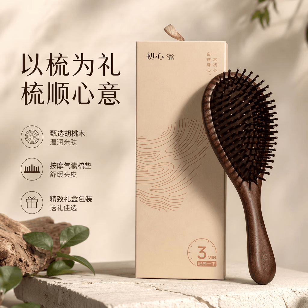 初心气垫按摩梳实木头皮护理梳子水滴梳生日毕业礼物送女友礼盒 胡桃木-水滴防静电按摩梳【球齿】