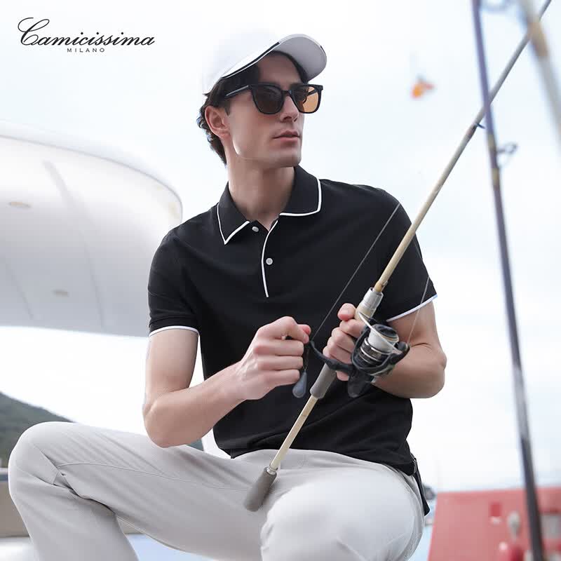恺米切（CAMICISSIMA）夏季新款男士POLO衫短袖翻领休闲商务2色可选 黑色 均码 50