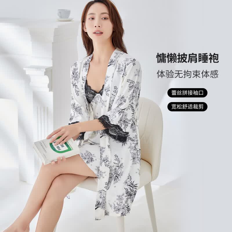 欧迪芬（Ordifen）睡衣女可外穿吊带吊裙睡袍透气舒适家居服女士套装女友 香草白 XL (170/100)