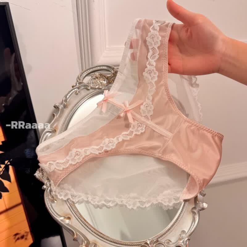 丝缎芭蕾 纯欲性感蝴蝶结缎面蕾丝内裤女低腰诱惑包臀透明三角裤 咖啡色 均码 (80-125斤)