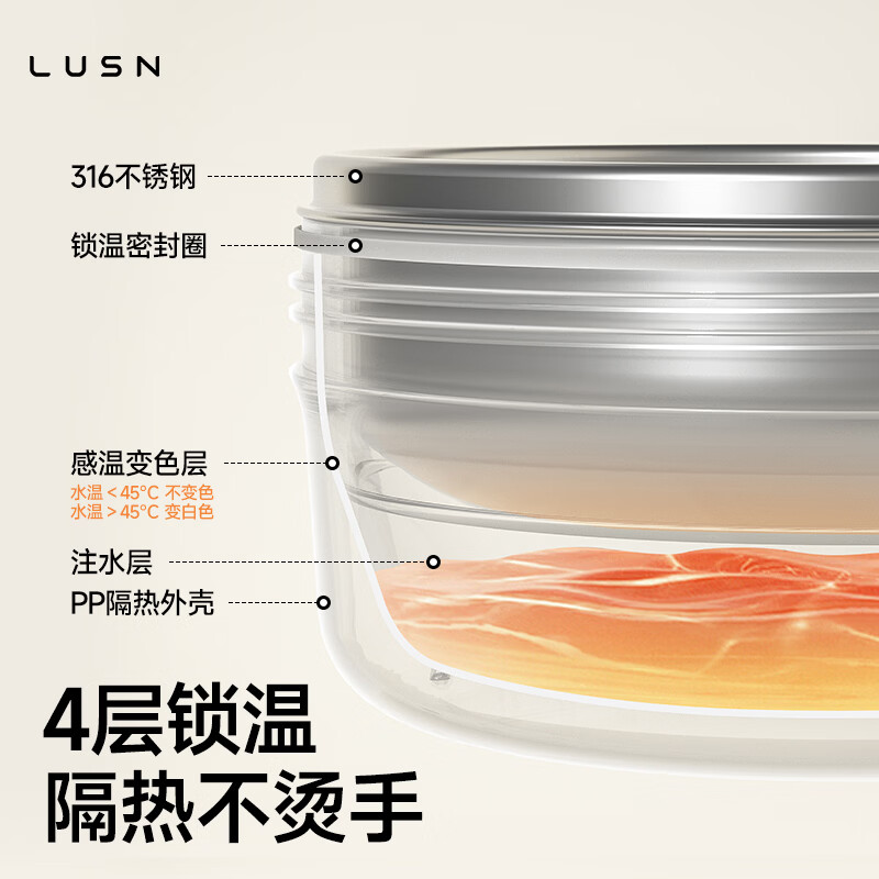 LUSN婴儿辅食碗注水保温碗316L不锈钢碗儿童餐具恒温吸盘婴儿碗汤碗 云雾蓝【316L不锈钢内胆】+吸盘 【316L材质 感温变色】