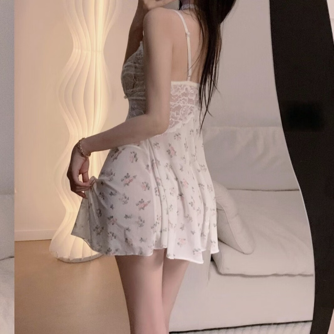 网纱纯欲风碎花连衣裙女生性感蕾丝吊带免脱诱惑睡衣 蝴蝶 均码