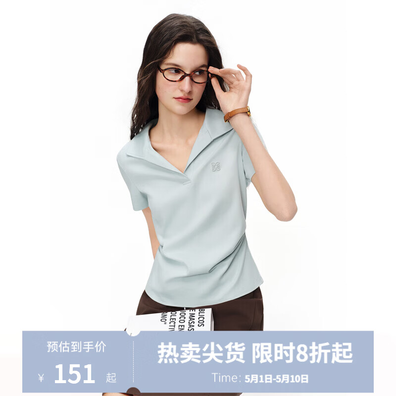 独束女装【自带腰线】V翻领褶皱收腰T恤夏季新款短袖修身显瘦上衣 清水蓝 XL （尺码：3） -修身款，喜宽松拍大一码