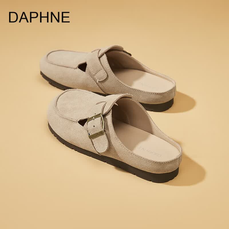 DAPHNE达芙妮牛皮复古文艺风圆头搭扣深口单鞋女2026年春季新款休闲厚度勃肯鞋 卡其色 40