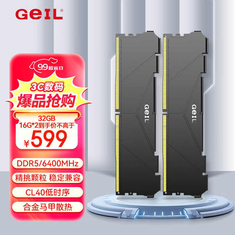 GEIL金邦 32G DDR5-6400 台式机电脑内存条 巨蟹马甲系列黑色（16G*2）