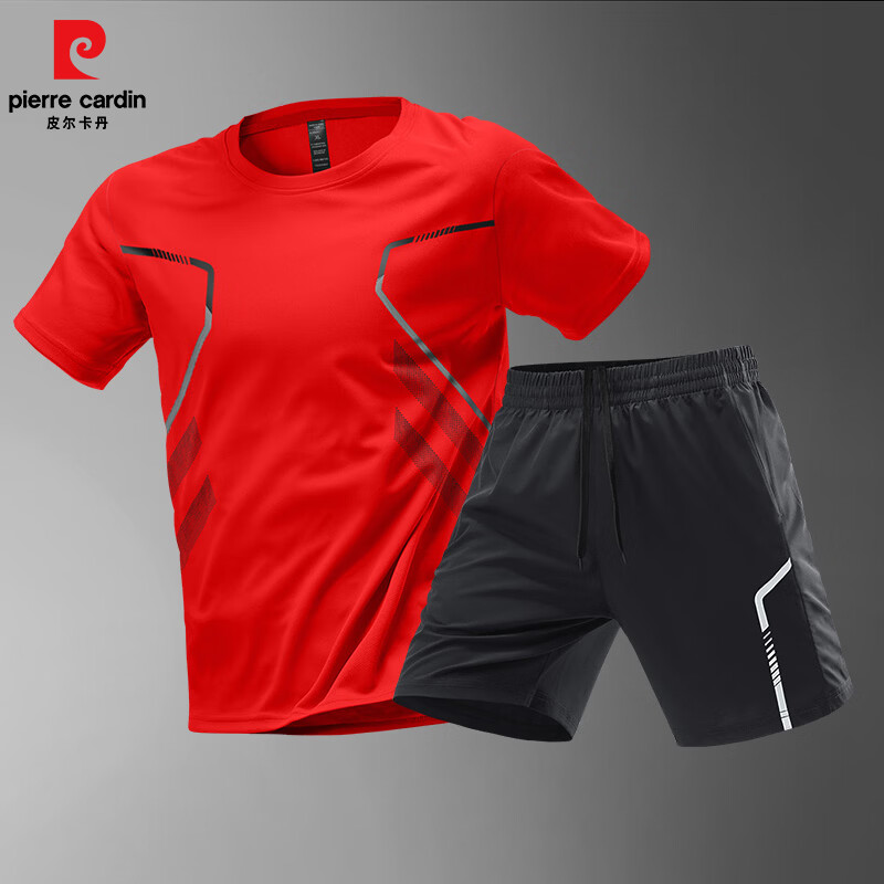 皮尔卡丹（pierre cardin）夏季运动套装男士短袖短裤速干衣跑步健身服休闲运动服装款 灰色 XL