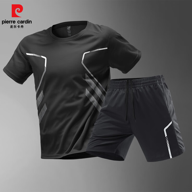 皮尔卡丹（pierre cardin）夏季运动套装男士短袖短裤速干衣跑步健身服休闲运动服装款 灰色 XL