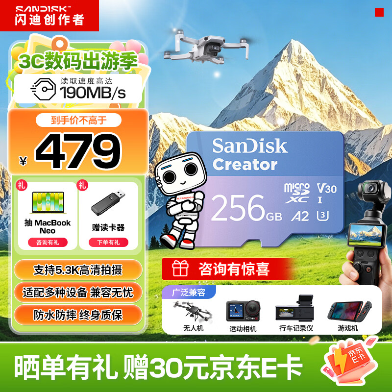 闪迪（SanDisk）创作者 闪迪内存卡TF卡 行车记录仪运动相机无人机监控存储卡 运动相机大疆pocket4 3内存卡 V30极速粉卡 256GB 官方标配