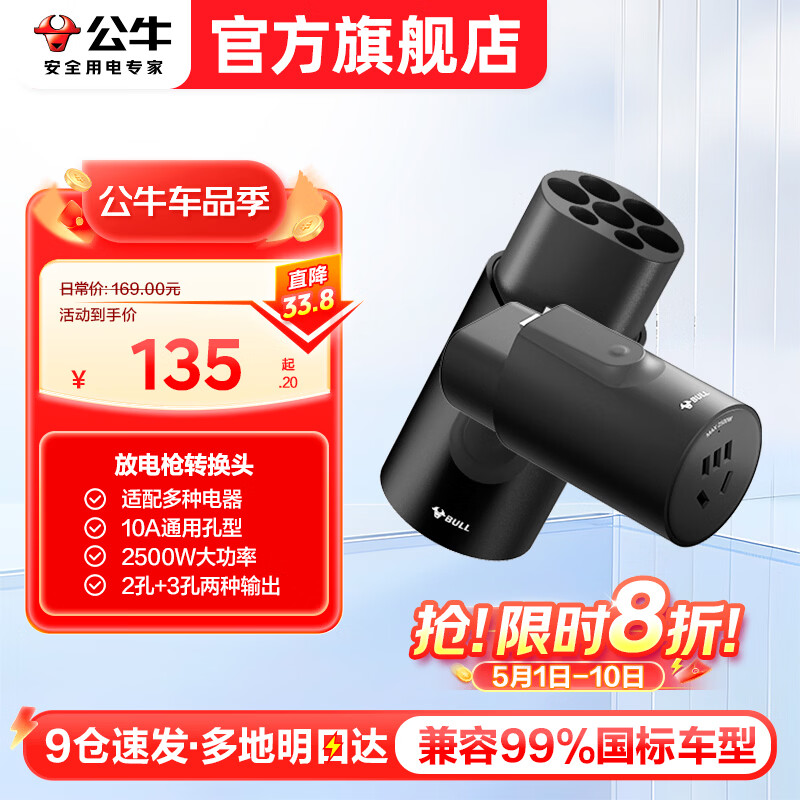 公牛放电枪新能源汽车外放电插座插排插头转换器适配理想比亚迪小鹏极氪华为问界吉利星愿长安领克埃安 安全放电 转接头