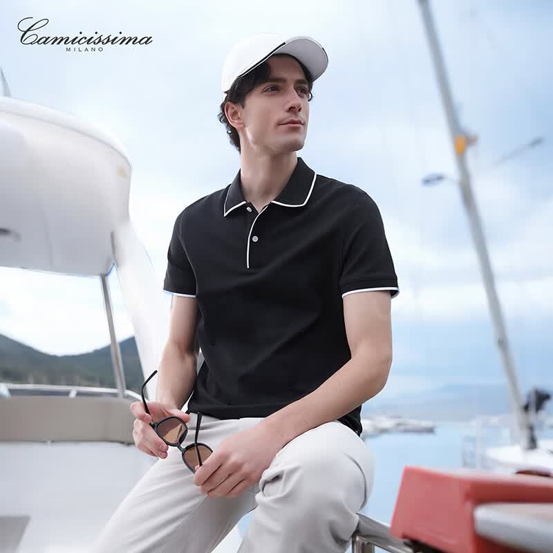 恺米切（CAMICISSIMA）夏季新款男士POLO衫短袖翻领休闲商务2色可选 黑色 均码 50