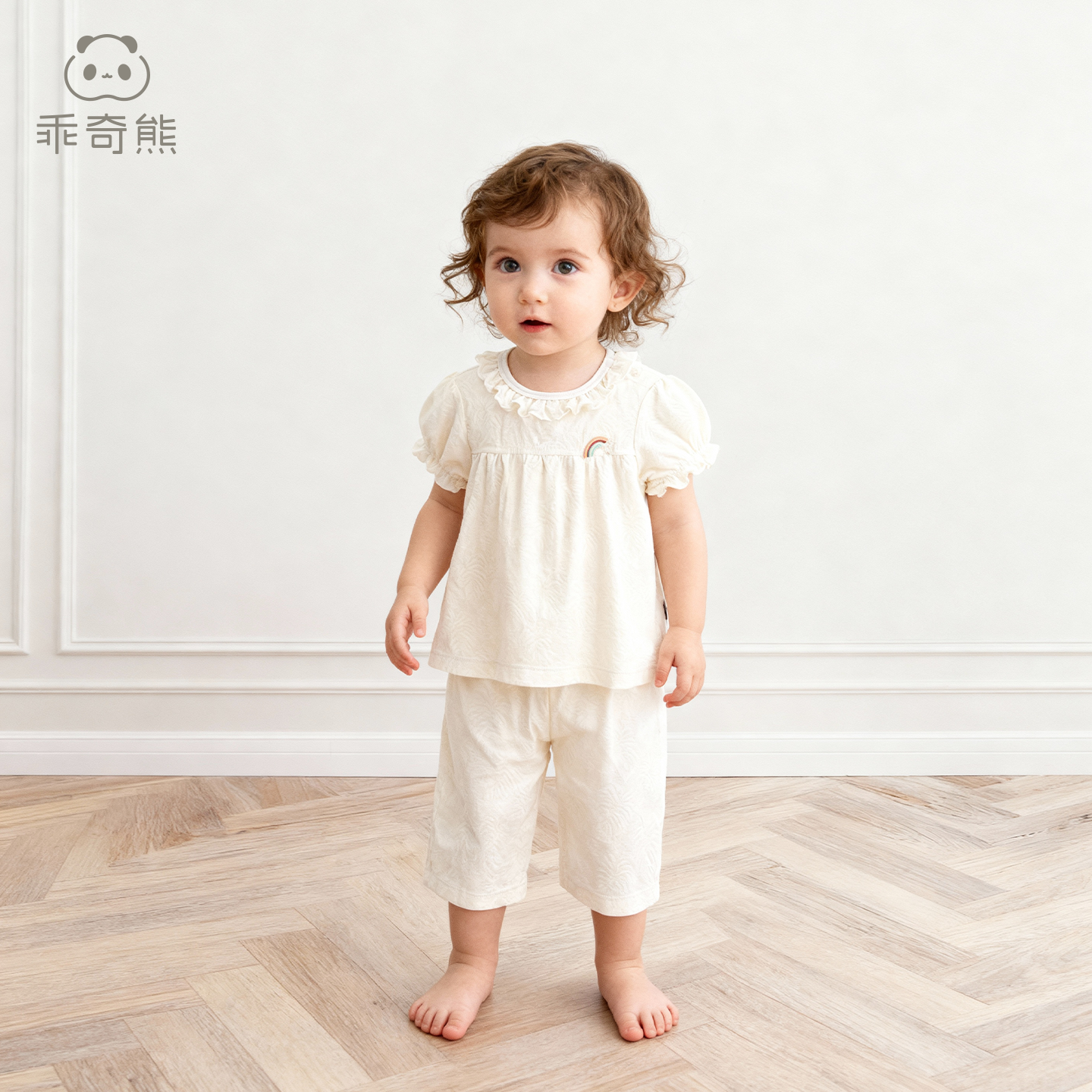 乖奇熊【清仓】女童分体套装夏季女宝宝短袖七分裤薄款婴幼服裤子两件套 奶白 90