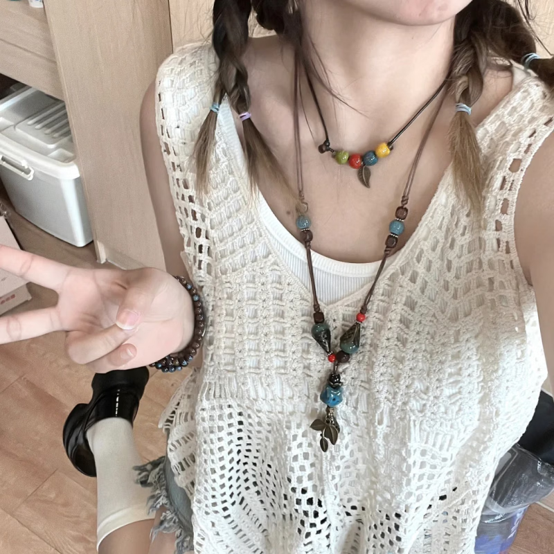 西米亚项链叠戴锁骨链波民族风长款吊坠毛衣链复古文艺串珠颈链子 古铜色