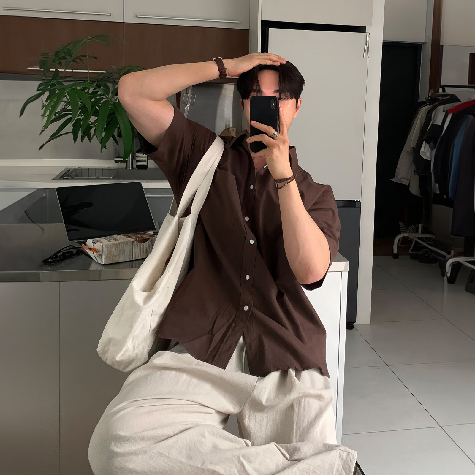 我是大卫老钱风亚麻短袖衬衫男款夏季轻薄透气垂感免烫衬衣单口袋工装上衣 棕色 XL