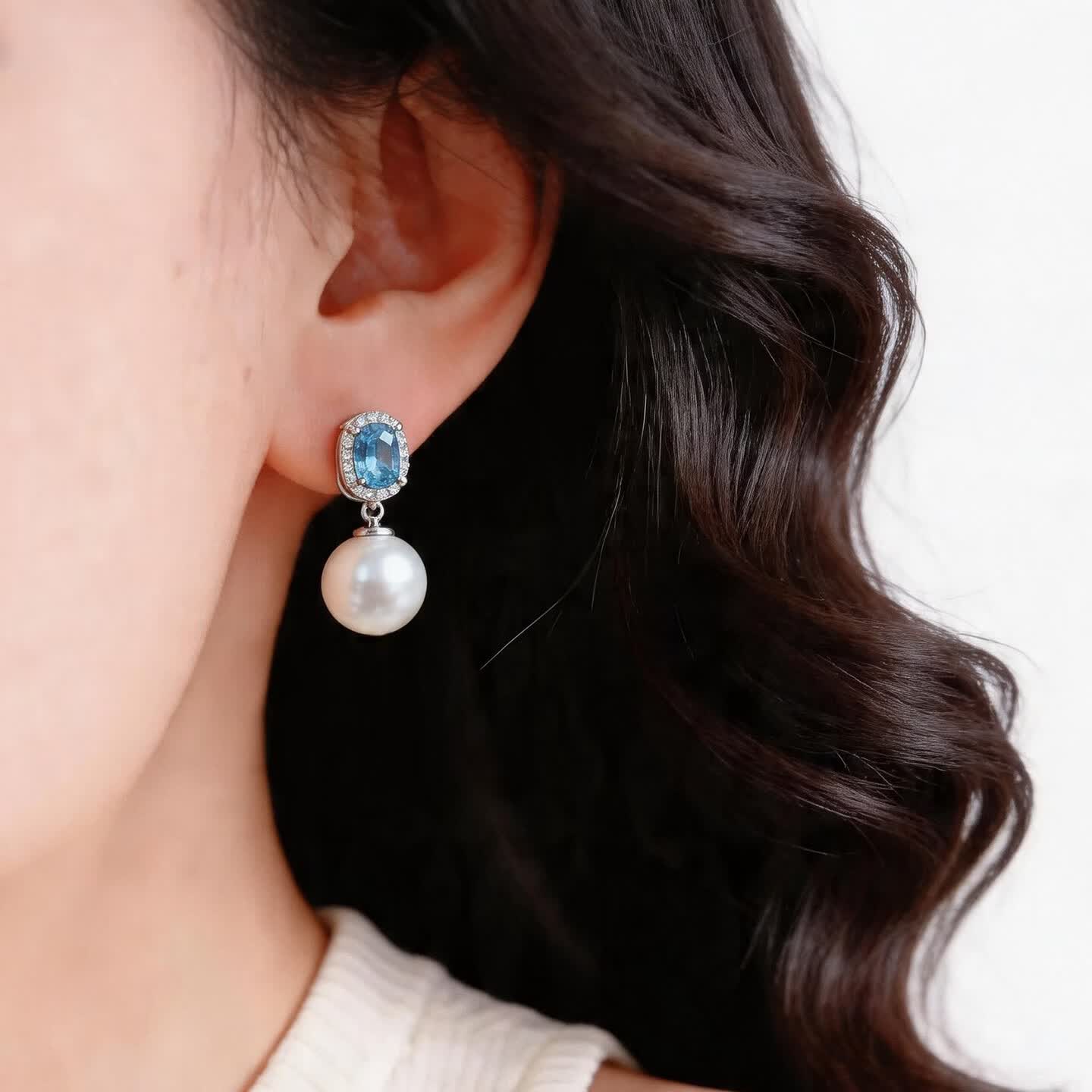 KRISTEN JUDI海蓝闪锆12mm大珍珠耳饰女银针蓝色耳钉