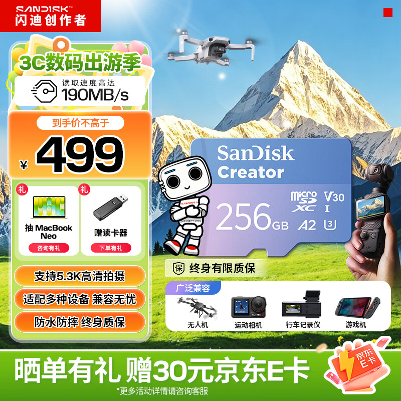 闪迪（SanDisk）创作者 闪迪内存卡TF卡 行车记录仪运动相机无人机监控存储卡 运动相机大疆pocket3/4内存卡 V30极速粉卡 256GB 官方标配
