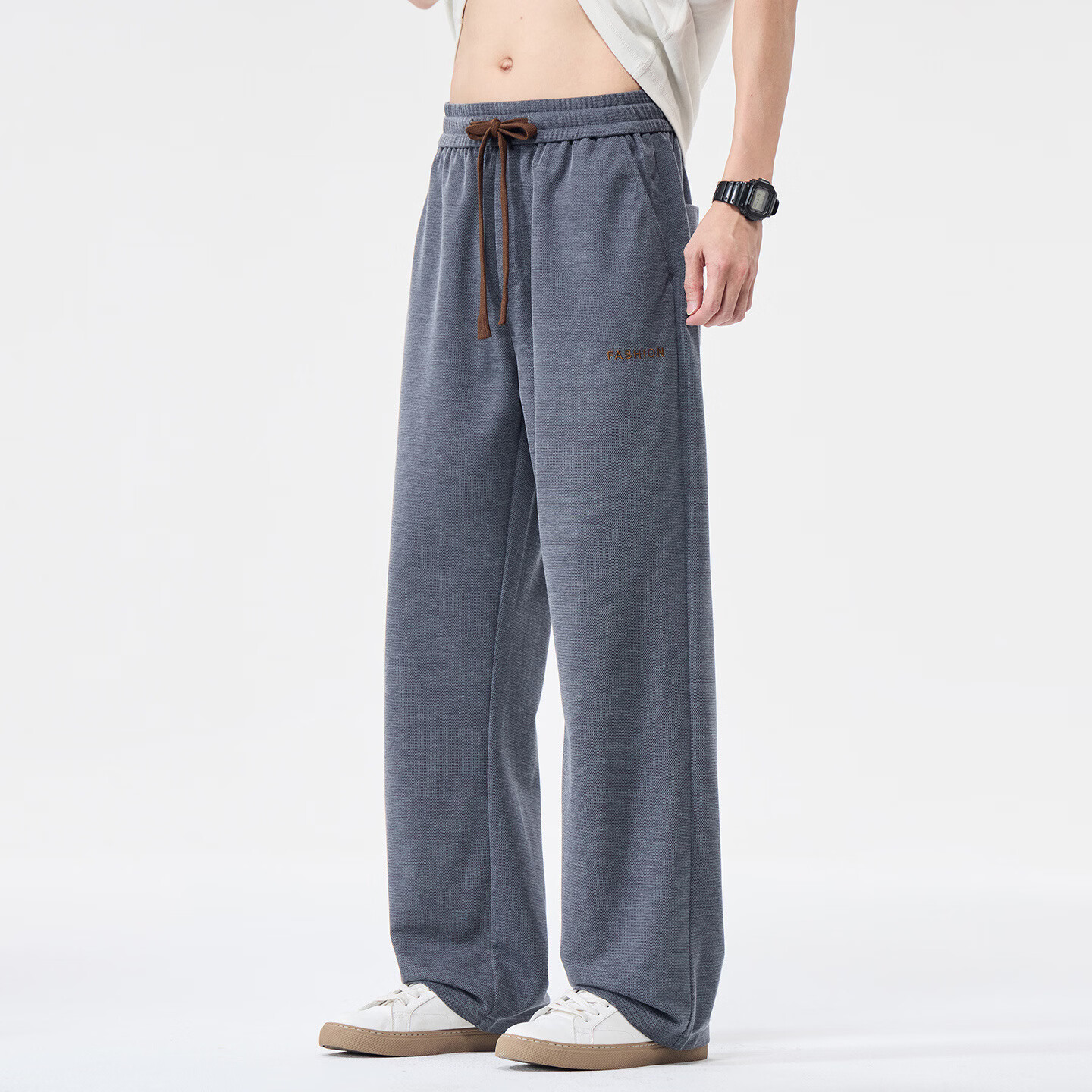 夏季薄款刺绣男士休闲裤百搭宽松直筒裤透气舒适松紧腰垂感裤sph 蓝灰色 XL 【建议体重125-145斤】