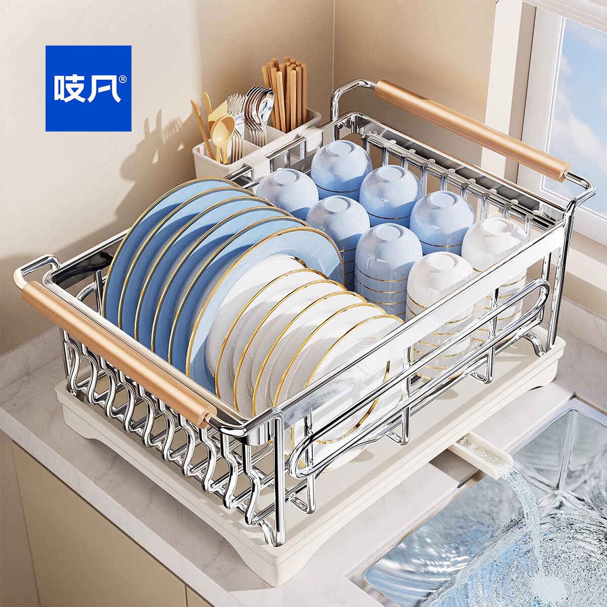 吱凡日本不锈钢沥水碗盘架碗架碗碟收纳架子厨房放碗筷篮沥水架置物架 【304不锈钢】加大号带把手+筷子筒
