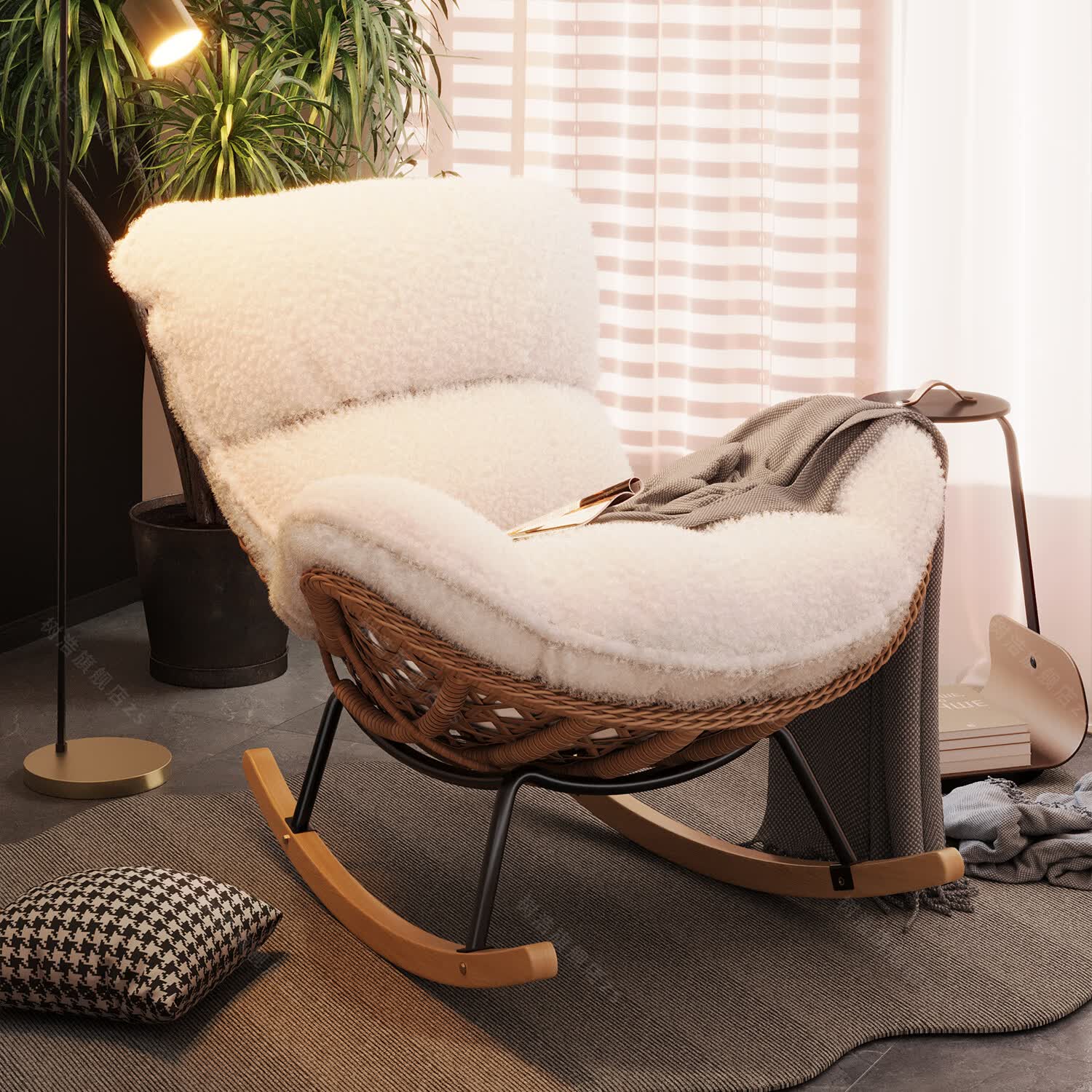 树浩摇摇椅躺椅阳台家用休闲藤编沙发椅懒人沙发户外庭院成人午休摇椅 【柔软羊羔绒】单藤椅-绒白色坐垫