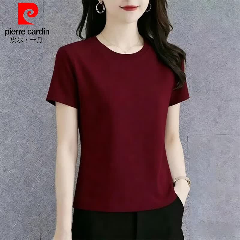 皮尔卡丹（pierre cardin）纯棉简约酒红色短袖t恤女夏季2026新款圆领薄款修身百搭女装上衣 【酒红色】 2XL 建议125-135斤
