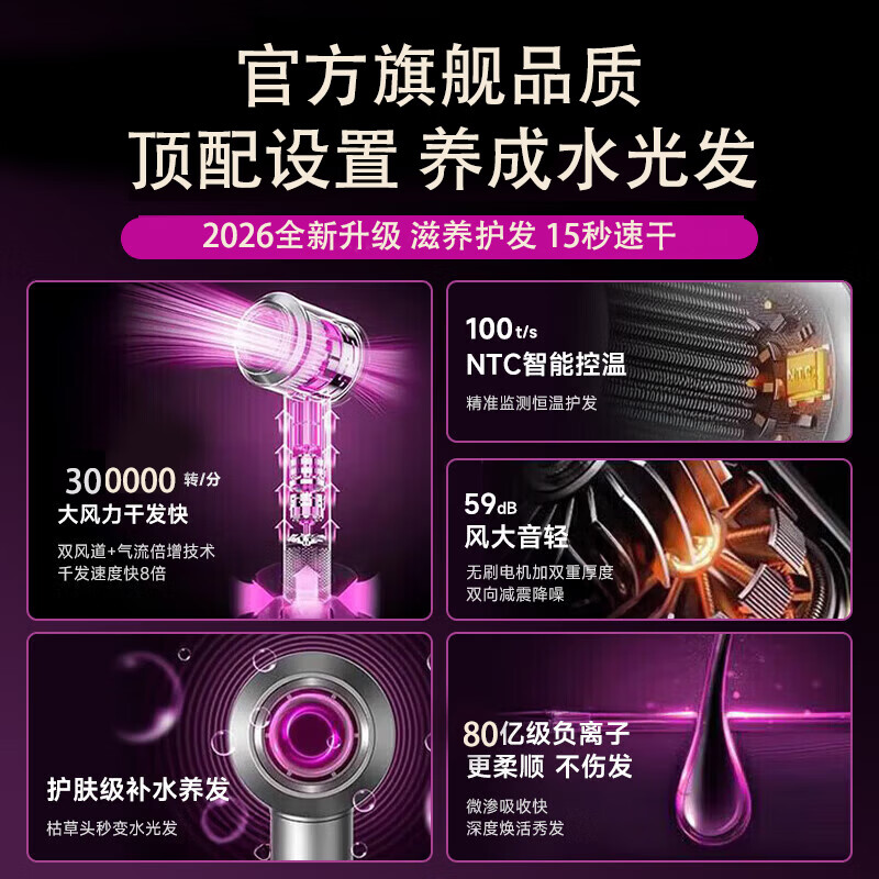 徕芬瑞悦吹风机女士专用不伤发 大功率高效速干护发电吹风机 吹头发家用男士 冷热风 送吹风机挂架 玫红色-磁吸顺滑单风嘴【80亿水润负离子|超护发】 线长1.7米 | 国家3C认证 | 超护发速干