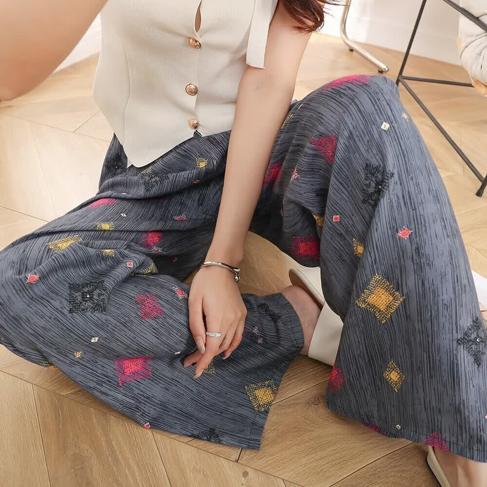 燠阳夏季新款棉绸睡裤女薄款大码高腰阔腿裤可外穿春秋高级感休闲长裤 焦糖方格 均码 【80-150斤】裤长92cm左右