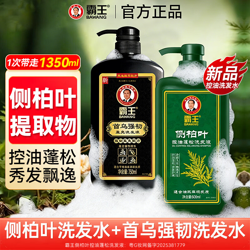 霸王侧柏叶控油蓬松洗发水 保湿护发清爽去油 首乌固发防脱去屑洗头膏 【侧柏叶控油+首乌强韧】洗发水套装1.35L