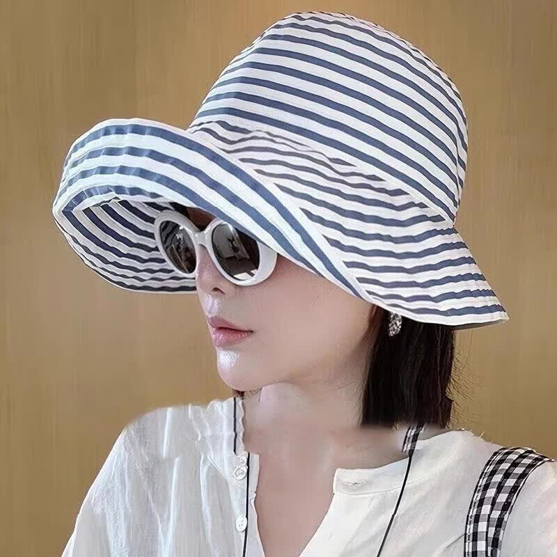 【可折叠】夏季条纹渔夫帽女新款长防晒帽子时尚盆帽大头围太阳帽 蓝白条纹帽 均码 送防风绳【56-59cm】
