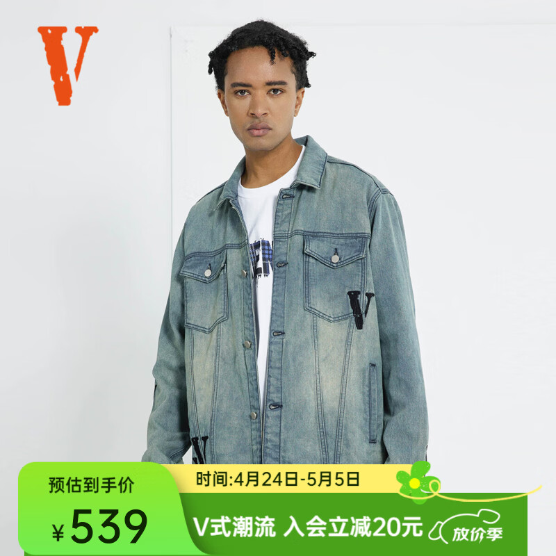 VLONE SS23 字母Logo小标水洗做旧休闲牛仔外套 男女同款 VLJE23002蓝黑 M