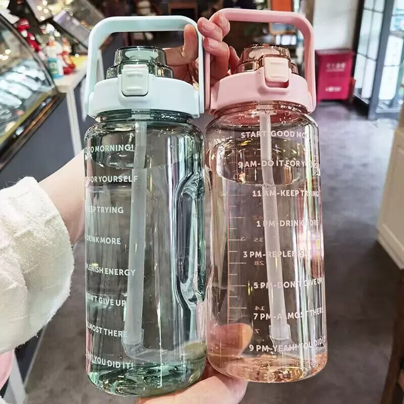 亚创优品+大容量水杯吨桶顿水壶带吸管刻度2000ml男女生ins学生高颜值水杯 蓝色-2000ml【吸管/刻度】