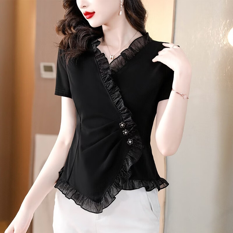 【轻奢贵气】2026夏季新款木耳边女士短袖T恤洋气小衫百搭V领交叉 黑色 3XL 建议体重120-135
