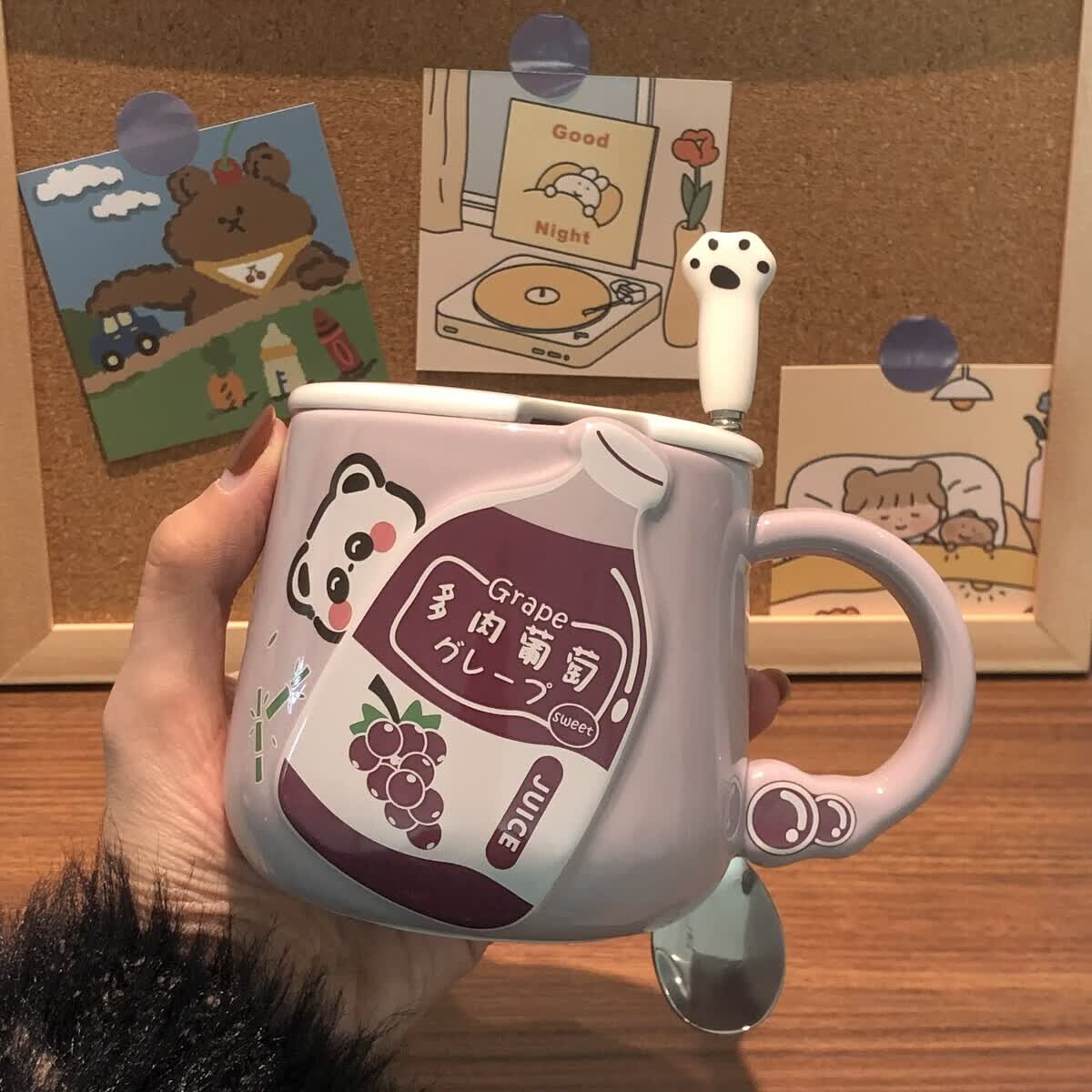 溥畔情侣对杯陶瓷杯马克杯带盖勺可爱女生水杯办公室咖啡杯早餐杯 蓝色百事(杯+盖+陶瓷猫爪勺)
