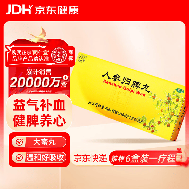 北京同仁堂 人参归脾丸 9g*10丸大蜜丸益气补血健脾养心失眠多梦气血不足心悸面色萎黄食少乏力 归脾丸