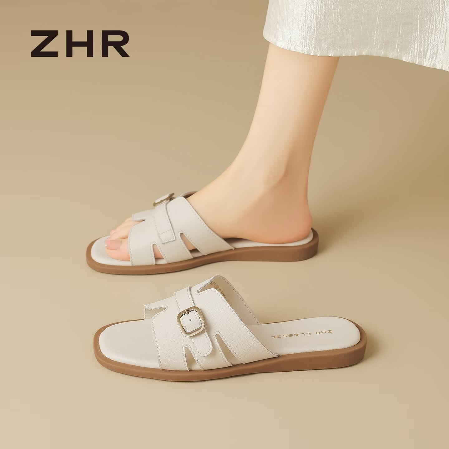 ZHR则则平底拖鞋女2026夏季新款海边度假一字拖外穿软底凉拖 M685米色39